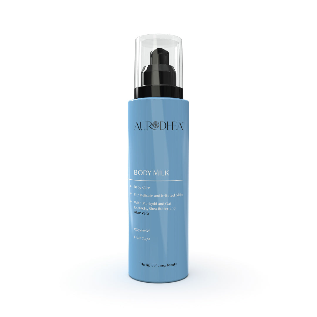 Code produit: BB03B Lait corporel Baby - 150 ml Enrichi en Aloe Vera, beurre de Karité, extraits de Calendula et Avoine